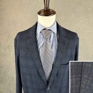 Bugatchi Mens Laser Cut Blazer XL/42R Navy Plaid Soft Unstructured Sport Coat